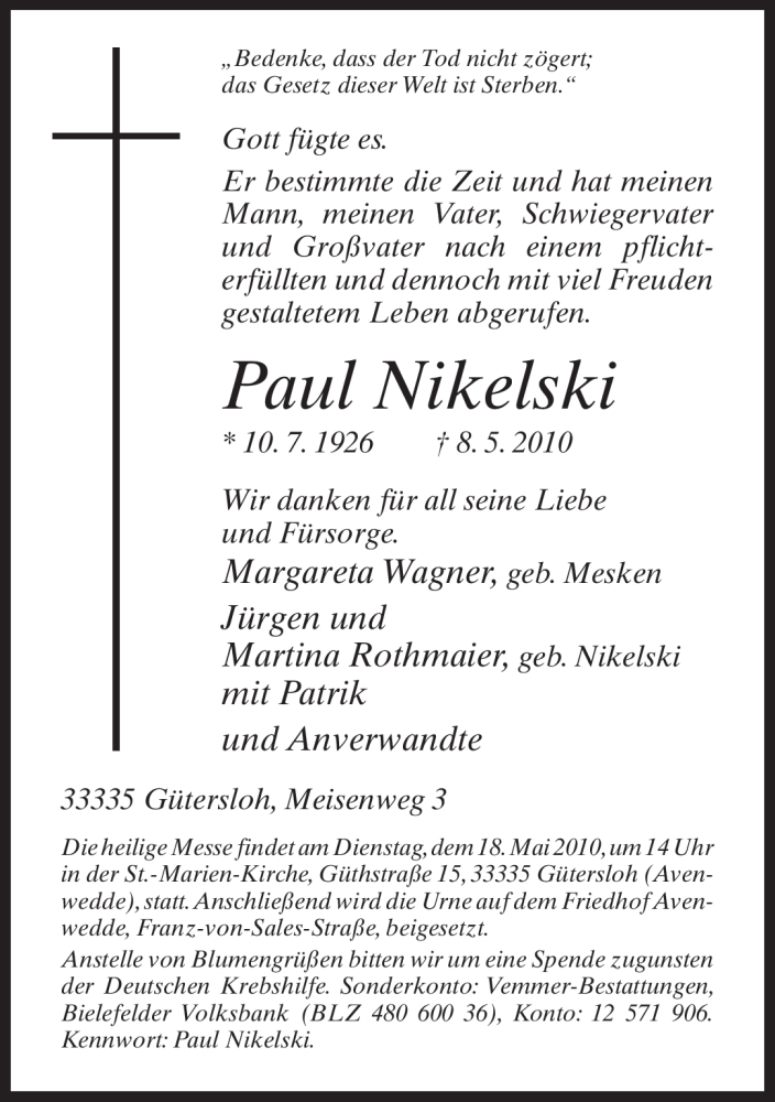  Traueranzeige für Paul Nikelski vom 11.05.2010 aus Tageszeitung