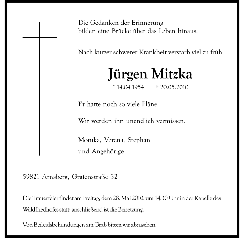  Traueranzeige für Jürgen Mitzka vom 25.05.2010 aus Tageszeitung