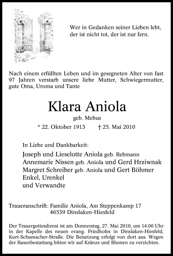 Traueranzeige für Klara Aniola vom 26.05.2010 aus Tageszeitung