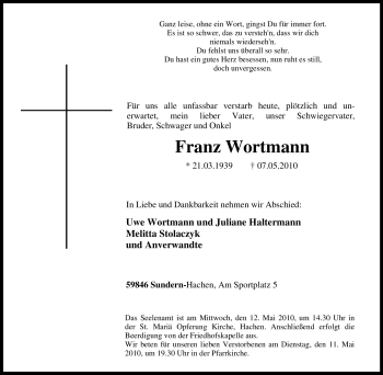 Traueranzeige von Franz Wortmann von Tageszeitung