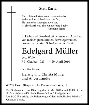 Traueranzeige von Edelgard Müller von Tageszeitung