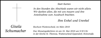 Traueranzeige von Gisela Schumacher von Tageszeitung