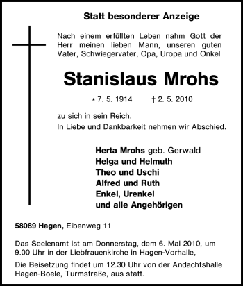 Traueranzeige von Stanislaus Mrohs von Tageszeitung