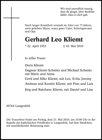 Traueranzeige von Gerhard Leo Kliemt von Tageszeitung