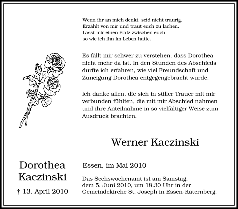  Traueranzeige für Dorothea Kaczinski vom 08.05.2010 aus Tageszeitung
