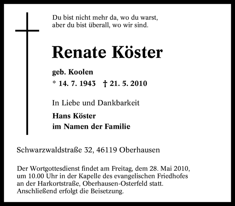  Traueranzeige für Renate Köster vom 27.05.2010 aus Tageszeitung