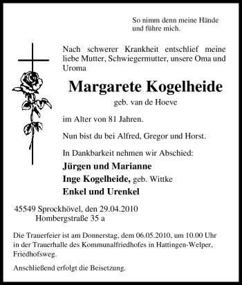 Traueranzeige von Margarete Kogelheide von Tageszeitung