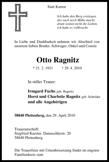 Traueranzeige von Otto Ragnitz von Tageszeitung