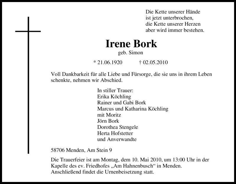  Traueranzeige für Irene Bork vom 05.05.2010 aus Tageszeitung