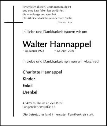 Traueranzeige von Walter Hannappel von Tageszeitung