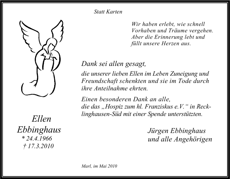  Traueranzeige für Ellen Ebbinghaus vom 01.05.2010 aus Tageszeitung