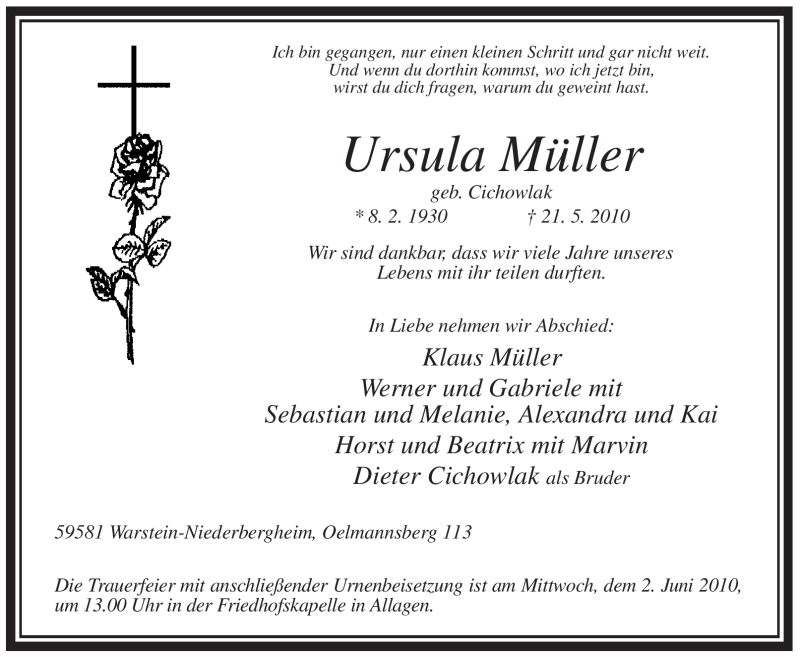  Traueranzeige für Ursula Müller vom 29.05.2010 aus Tageszeitung
