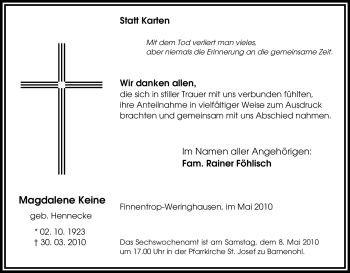 Traueranzeige von Magdalene Keine von Tageszeitung