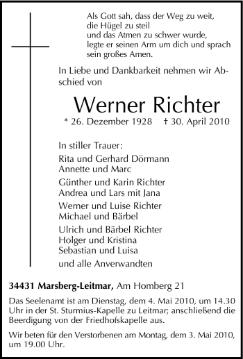Traueranzeige von Werner Richter von Tageszeitung