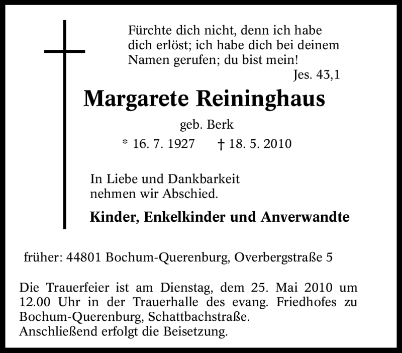  Traueranzeige für Margarete Reininghaus vom 20.05.2010 aus Tageszeitung