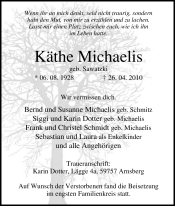Traueranzeige von Käthe Michaelis von Tageszeitung