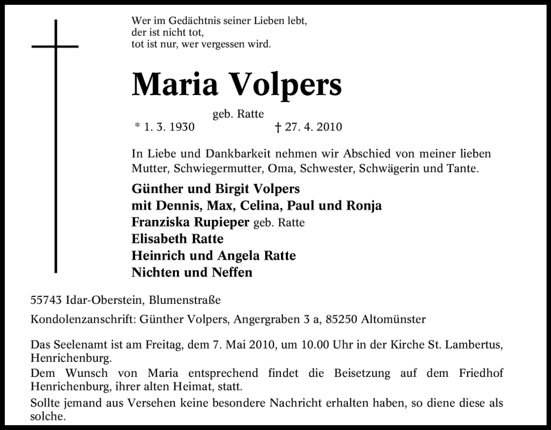  Traueranzeige für Maria Volpers vom 05.05.2010 aus Tageszeitung