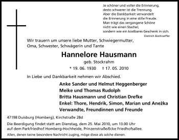 Traueranzeige von Hannelore Hausmann von Tageszeitung
