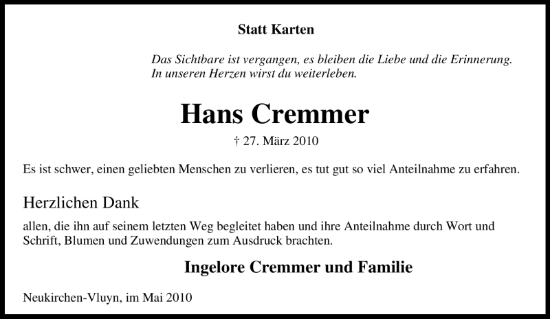  Traueranzeige für Hans Cremmer vom 08.05.2010 aus Tageszeitung