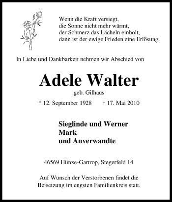 Traueranzeige von Adele Walter von Tageszeitung