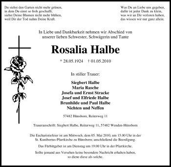 Traueranzeige von Rosalia Halbe von Tageszeitung