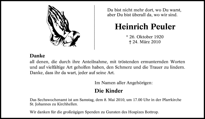  Traueranzeige für Heinrich Peuler vom 05.05.2010 aus Tageszeitung