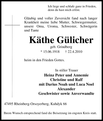 Traueranzeige von Käthe Gülicher von Tageszeitung