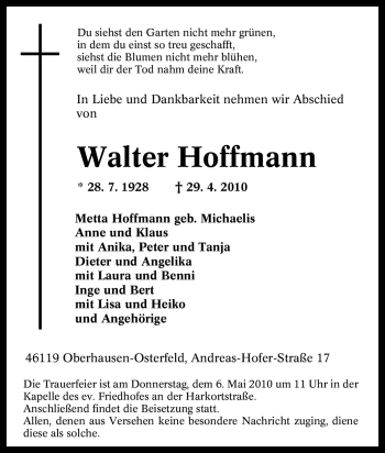 Traueranzeige von Walter Hoffmann von Tageszeitung