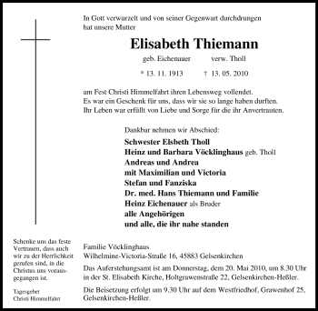 Traueranzeige von Elisabeth Thiemann von Tageszeitung