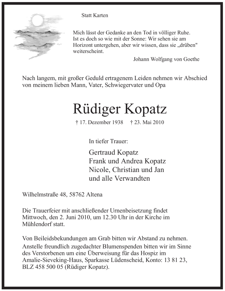  Traueranzeige für Rüdiger Kopatz vom 28.05.2010 aus Tageszeitung