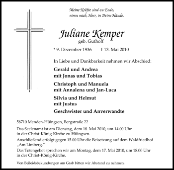 Traueranzeige von Juliane Kemper von Tageszeitung