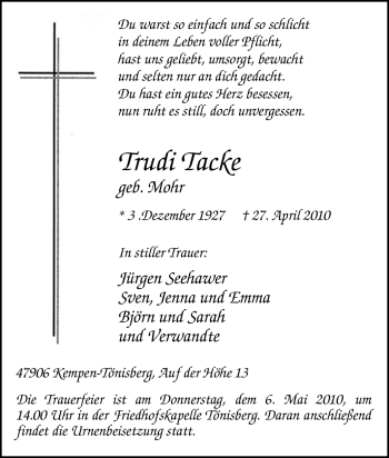 Traueranzeige von Trudi Tacke von Tageszeitung