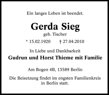 Traueranzeige von Gerda Sieg von Tageszeitung