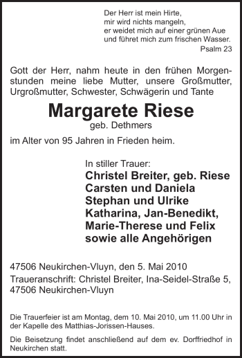 Traueranzeige von Margarete Riese von Tageszeitung