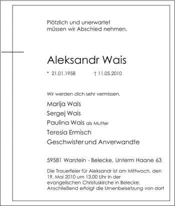 Traueranzeige von Aleksandr Wais von Tageszeitung