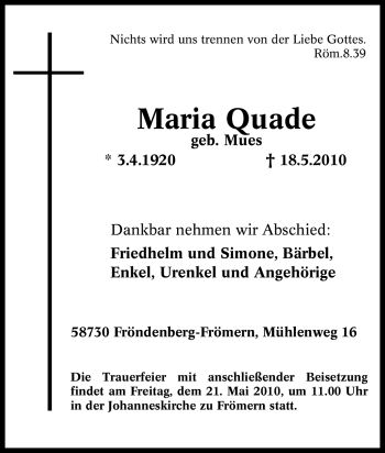 Traueranzeige von Maria Quade von Tageszeitung