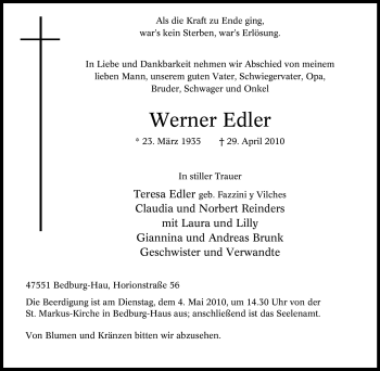 Traueranzeige von Werner Edler von Tageszeitung