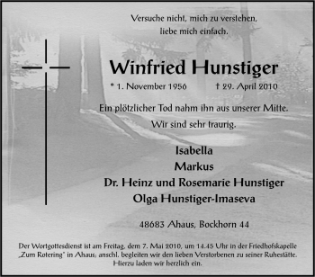 Traueranzeige von Winfried Hunstiger von Tageszeitung