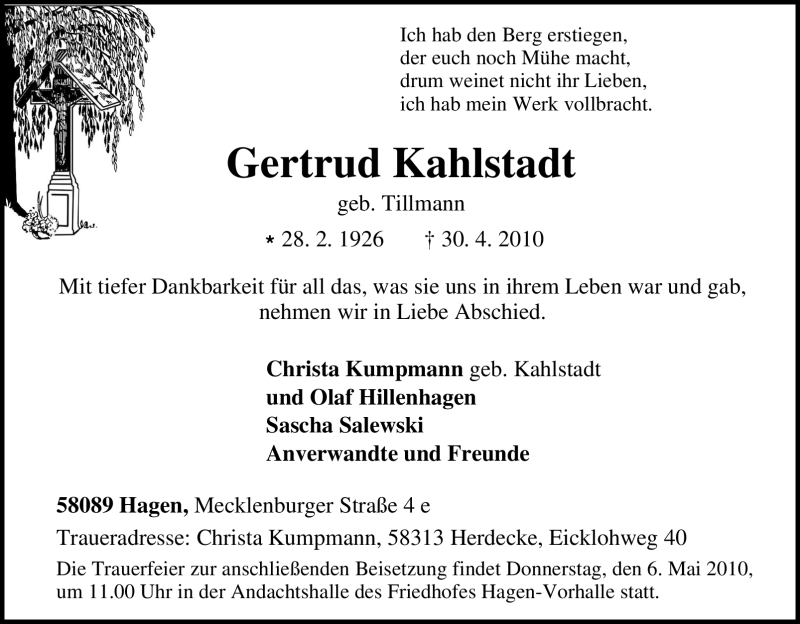  Traueranzeige für Gertrud Kahlstadt vom 04.05.2010 aus Tageszeitung