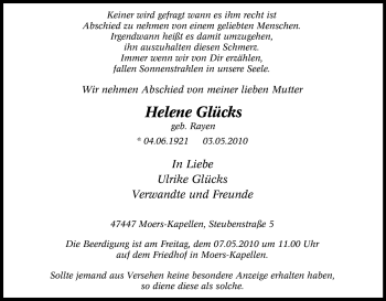 Traueranzeige von Helene Gücks von Tageszeitung
