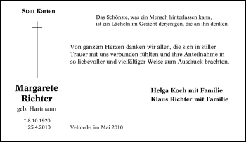 Traueranzeige von Margarete Richter von Tageszeitung