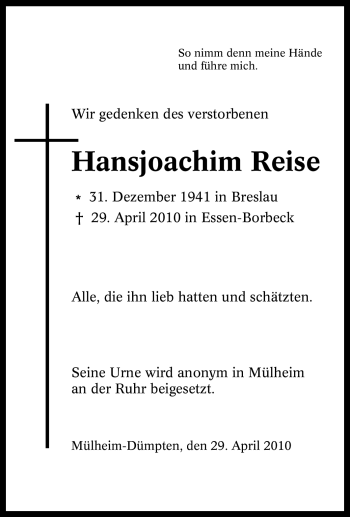 Traueranzeige von Hansjoachim Reise von Tageszeitung