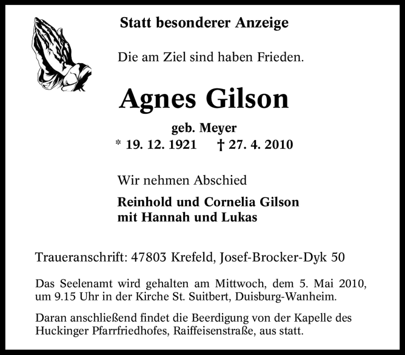  Traueranzeige für Agnes Gilson vom 01.05.2010 aus Tageszeitung