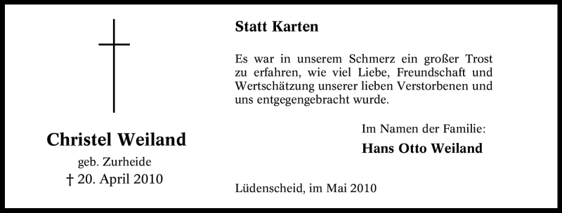  Traueranzeige für Christel Weiland vom 15.05.2010 aus Tageszeitung