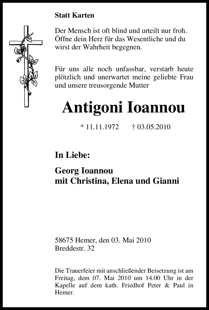  Traueranzeige für Antigoni Ioannou vom 05.05.2010 aus Tageszeitung