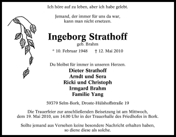 Traueranzeige von Ingeborg Strathoff von Tageszeitung
