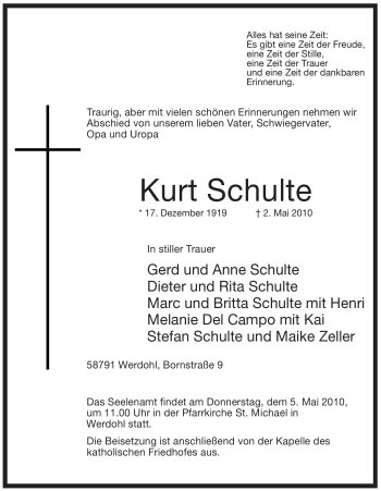 Traueranzeige von Kurt Schulte von Tageszeitung