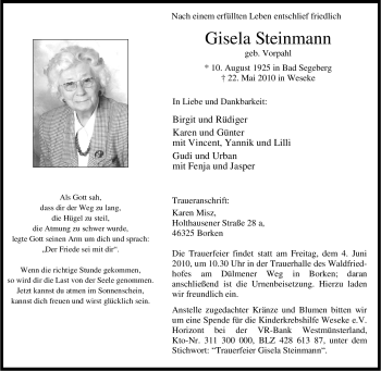 Traueranzeige von Gisela Steinmann von Tageszeitung