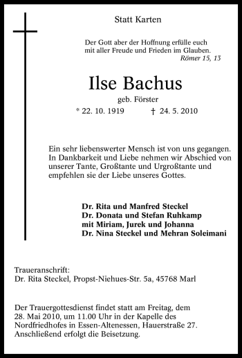Traueranzeige von Ilse Bachus von Tageszeitung