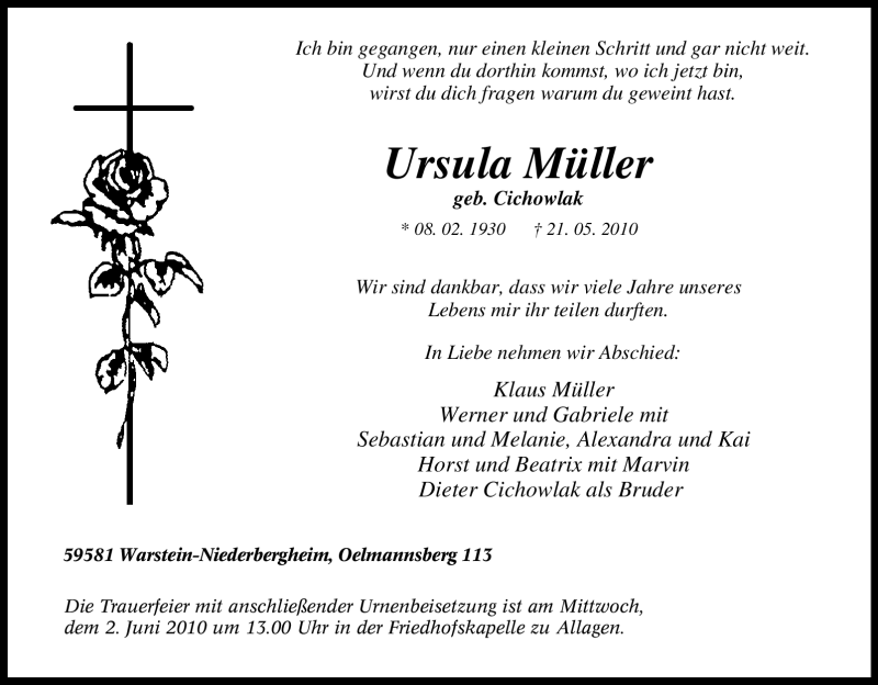  Traueranzeige für Ursula Müller vom 29.05.2010 aus Tageszeitung